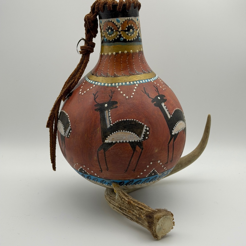 Southwestern Hand-Painted Gourd Vase Antler Base Rustic Lodge Decor Folk Art - Picture 4 of 11